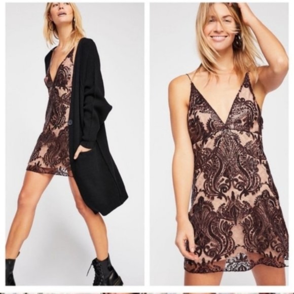 Free People Dresses & Skirts - Free People Night Shimmers Mini party black Dress Lace Sequins NWT